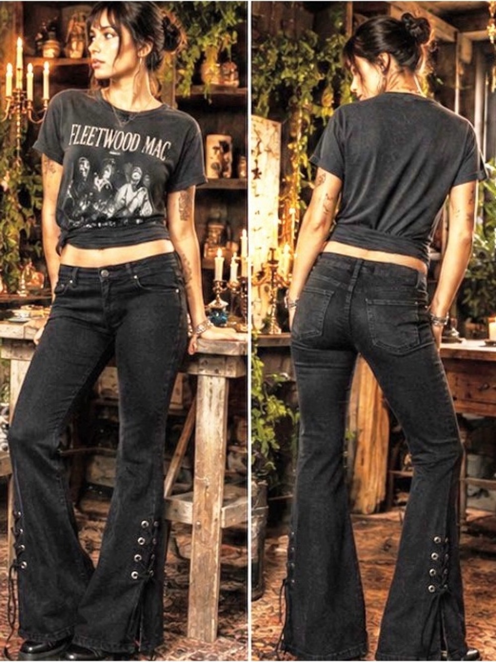 🖤 Black Lace-Up Bell Bottom Jeans | Soft denim | Size Small 29” waist 28” inseam
